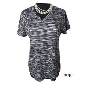 Women's V-Neck Short Sleeve Top Black White Athletic Stretch Shirt - Size L